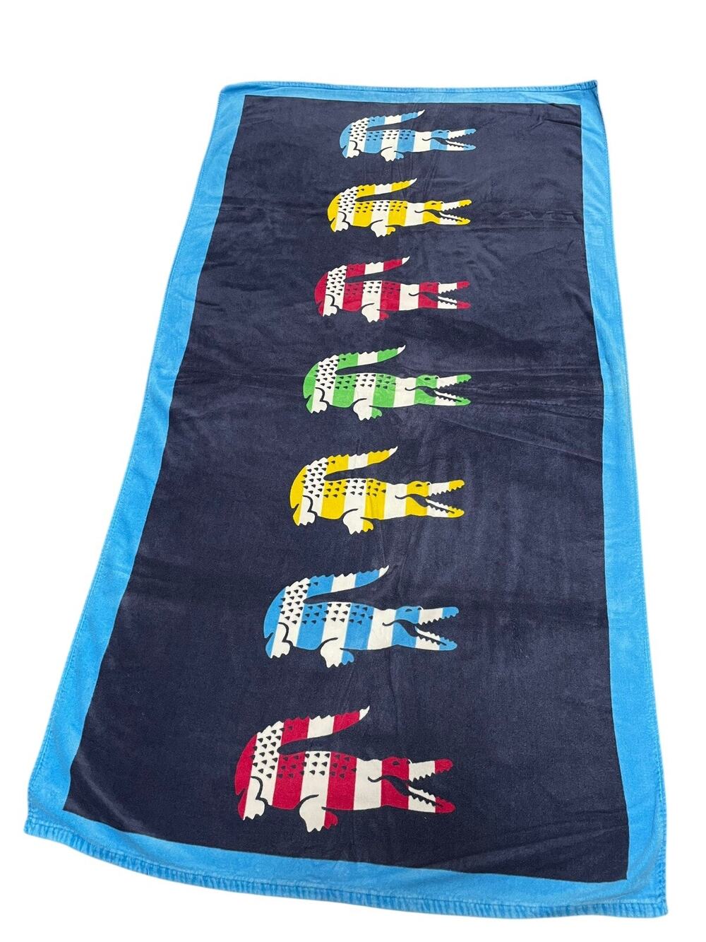 Lacoste Blue Beach Towel Striped Alligator Preppy Cotton